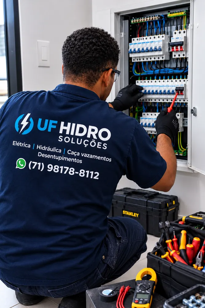 Técnico da UF Hidro fazendo reparo em quadro elétrico