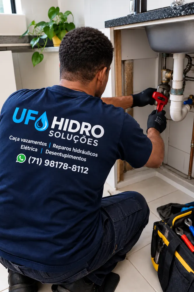 Técnico da UF Hidro consertando o encanamento da pia