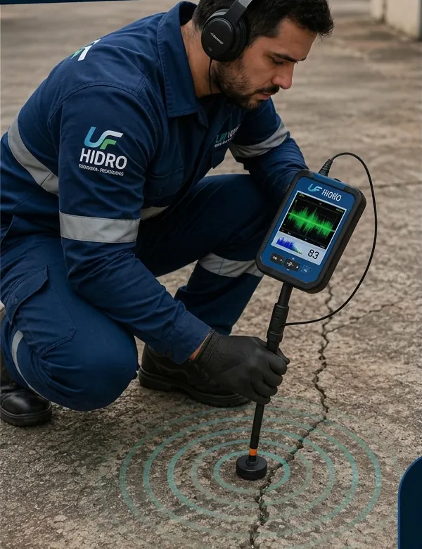 Técnico da UF Hidro com geofone localizando vazamento no piso