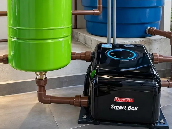 Pressurizador instalado junto à caixa d'água, com vaso de expansão