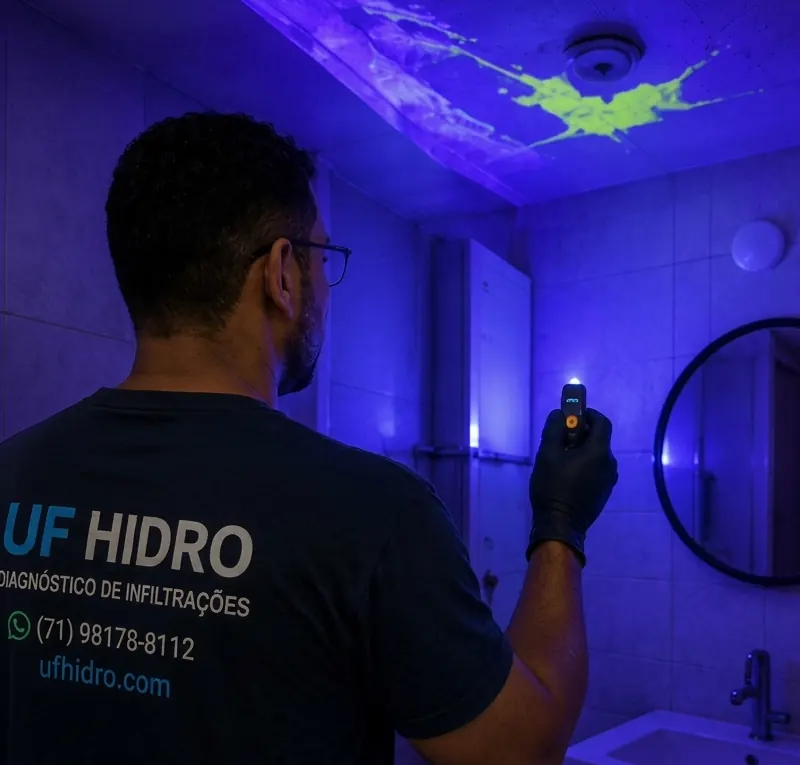 Traçador fluorescente mostrando o caminho da infiltração no teto do banheiro